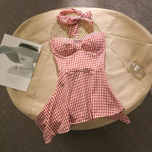Load image into Gallery viewer, Summer French Plaid Off Shoulder Sleeveless Irregular Strapless Tops Women Backless High Waist Slim Short Top Fashion Clothing
