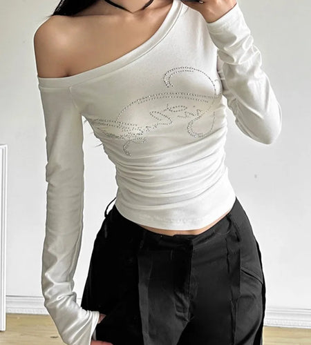 2025 Harajuku Letter Diamond Vintage T-shirt Women Slash Neck Y2k Aesthetic Grunge Crop Tees Streetwear Slim Fit Autumn Tshirts