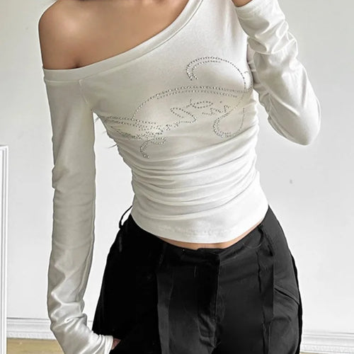 Load image into Gallery viewer, 2025 Harajuku Letter Diamond Vintage T-shirt Women Slash Neck Y2k Aesthetic Grunge Crop Tees Streetwear Slim Fit Autumn Tshirts
