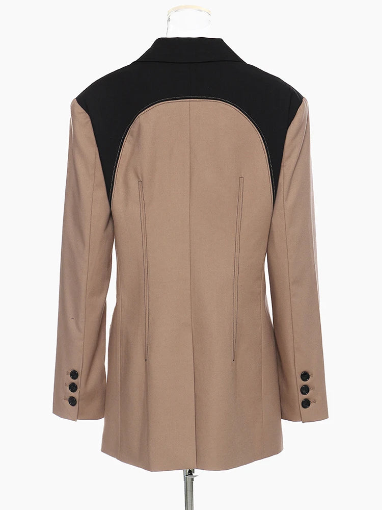 Women Khaki Irregular Contrast Color Big Size Blazer New Lapel Long Sleeve Jacket Fashion Tide Spring Autumn 2025 1DE2308