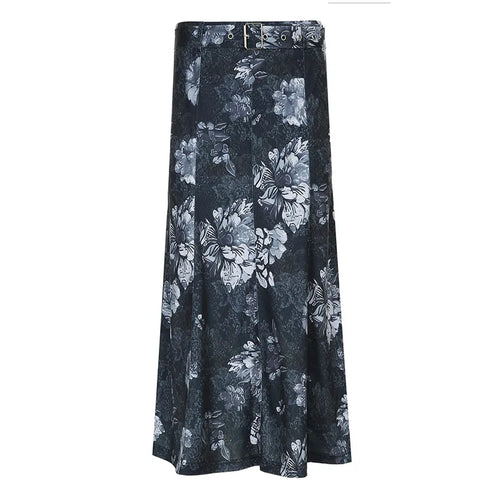 Load image into Gallery viewer, Grunge Stitched Belted Floral Printed Long Skirt Female Vintage Fashion A-Line Autumn Skirt Party 2000s Aesthetic Y2K
