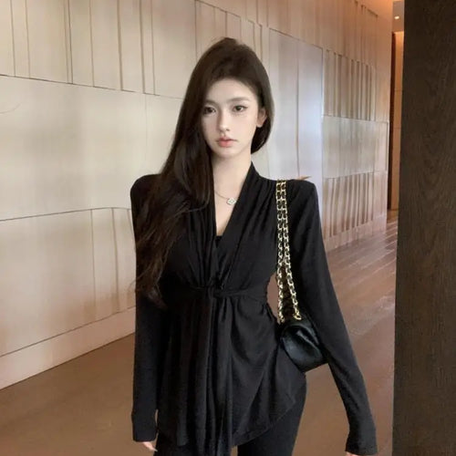 Load image into Gallery viewer, Women Black Beige V Neck Long Sleeve Bandage Pleated T Shirt Autumn Khaki Slim Casual Pullovers Tee Tops Streetwear Clothes Chic
