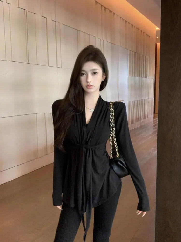 Women Black Beige V Neck Long Sleeve Bandage Pleated T Shirt Autumn Khaki Slim Casual Pullovers Tee Tops Streetwear Clothes Chic