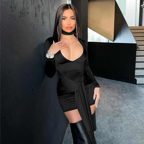 Load image into Gallery viewer, Irregular Sexy Mini Dress For Women Low Cut Long Sleeve Ruched Bodycon Dress Femme Elegant Club Party Sexy Dress New
