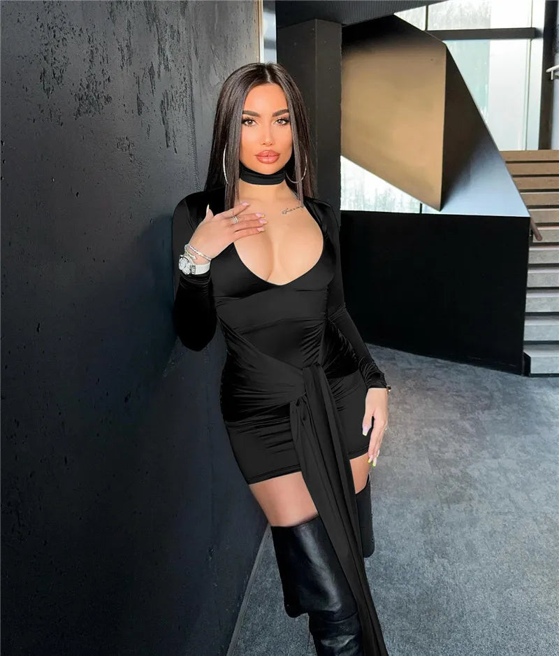 Irregular Sexy Mini Dress For Women Low Cut Long Sleeve Ruched Bodycon Dress Femme Elegant Club Party Sexy Dress New
