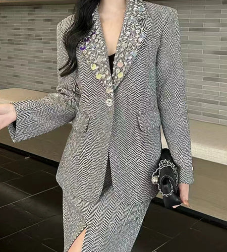 Hit Color Spliced Sequines Two Piece Set For Women Lapel Long Sleeve Coat High Waist Temperament Skirts Sets Female