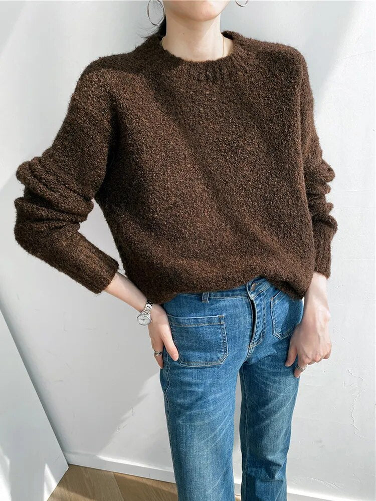 Loose Knitting Sweater For Women Round Neck Long Sleeve Solid Minimalist Casual Korean Pullover Female Autumn