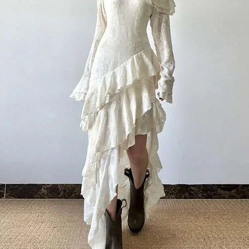 Load image into Gallery viewer, Women Apricot Ruffles Irregular Slim Elegant Long Dress New Diagonal Collar Long Sleeve Fashion Spring Autumn 2025 1DJ0523

