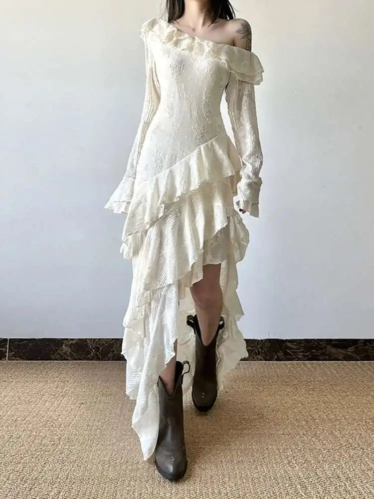 Women Apricot Ruffles Irregular Slim Elegant Long Dress New Diagonal Collar Long Sleeve Fashion Spring Autumn 2025 1DJ0523