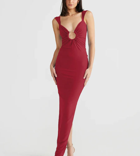 Elegant Solid Straps Sleeveless Backless Metal Loop Draped Slit Maxi Dress Summer Women Clothes Evening Party Vacation