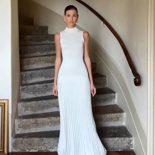 Load image into Gallery viewer, Half High Collar Sleeveless Knit Maxi Dress For Women Fashion Solid Bodycon Sexy Pleated Long Knitted Sweater Dress
