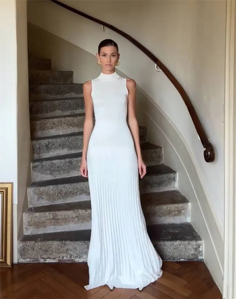 Half High Collar Sleeveless Knit Maxi Dress For Women Fashion Solid Bodycon Sexy Pleated Long Knitted Sweater Dress