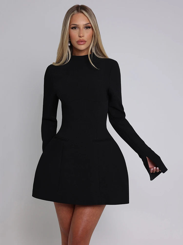 Long Sleeve Backless Sexy Mini Dress For Women Autumn Winter New O Neck High Waist A-line Club Party Sexy Dress Elegant
