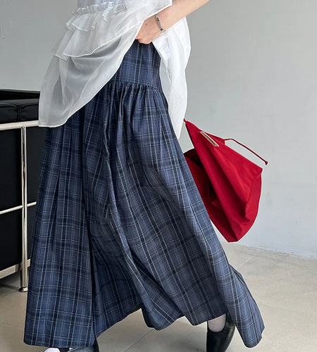 High Elastic Waist Blue Plaid Vintage Long A-line Half-body Skirt Women Fashion Tide New Spring Autumn 2025   1DJ0935