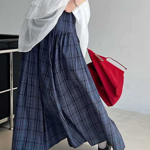 Load image into Gallery viewer, High Elastic Waist Blue Plaid Vintage Long A-line Half-body Skirt Women Fashion Tide New Spring Autumn 2025   1DJ0935
