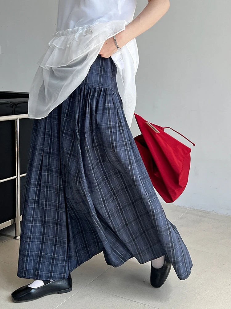 High Elastic Waist Blue Plaid Vintage Long A-line Half-body Skirt Women Fashion Tide New Spring Autumn 2025   1DJ0935