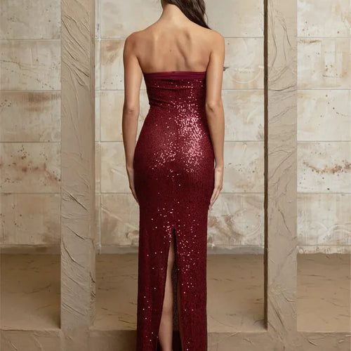 Load image into Gallery viewer, Sequin Strapless High Split Sexy Maxi Dress Women Elegant Off-shoulder Sleeveless Backless Sparkle Floor Length Dress
