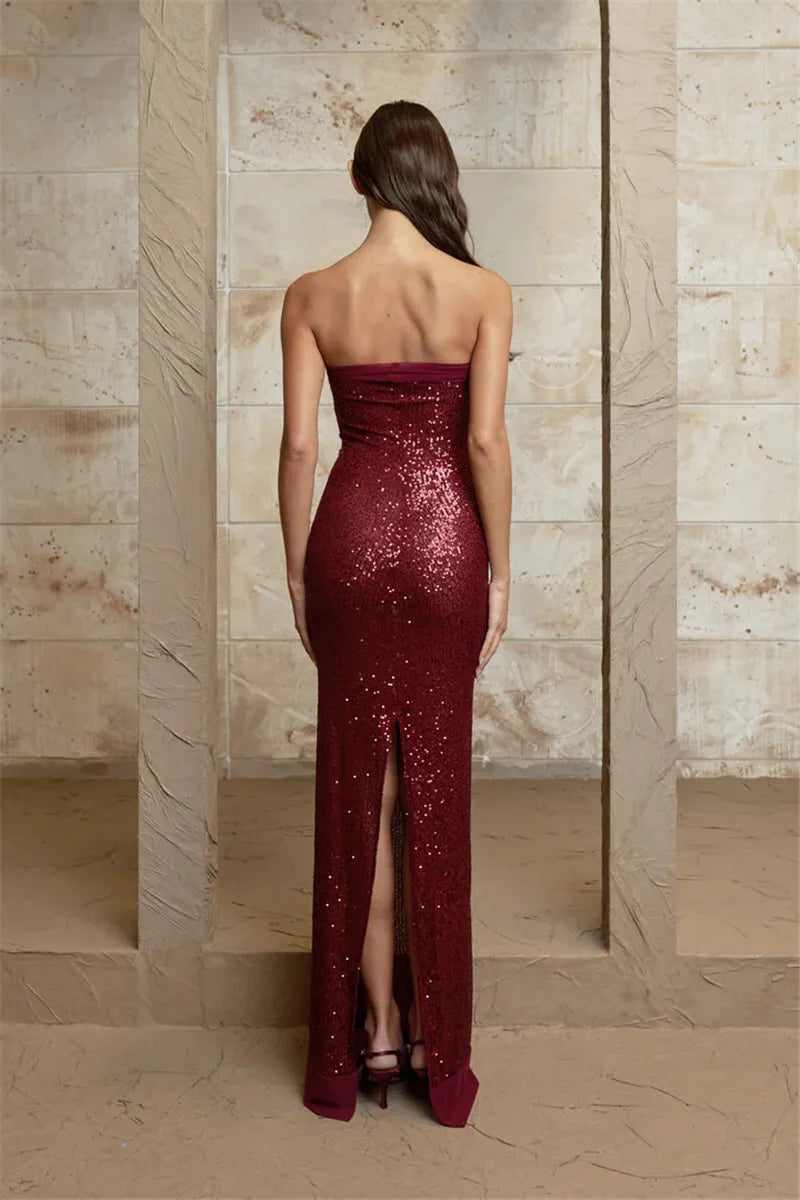 Sequin Strapless High Split Sexy Maxi Dress Women Elegant Off-shoulder Sleeveless Backless Sparkle Floor Length Dress