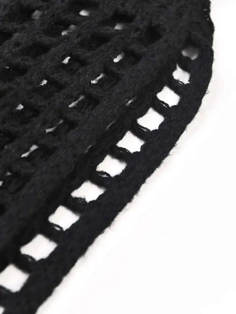 Women Black Knittng Hollow Out Big Size Long Dress New Round Neck Long Sleeve Fashion Tide Spring Autumn 2025 5WA10401