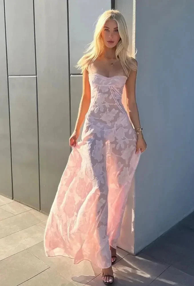 Elegant Pink Party Wedding Dress for Women Spaghetti Strap Flare Hem Maxi Dresses Vacation Birthday Outfits C83-EZ26