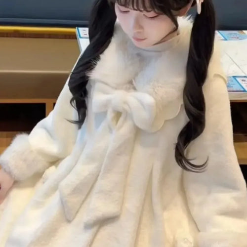 Load image into Gallery viewer, Japanese Lolita Sweet Girl Blends Jackets Women Y2k Aesthetic Fur Patchwork Vintage Coats Harajuku Kawaii Pocket Bow Jacket Cute
