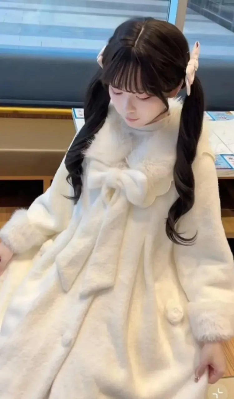 Japanese Lolita Sweet Girl Blends Jackets Women Y2k Aesthetic Fur Patchwork Vintage Coats Harajuku Kawaii Pocket Bow Jacket Cute