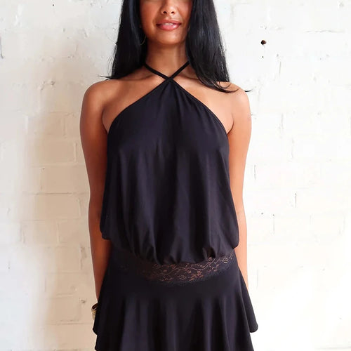 Load image into Gallery viewer, Halter Backless Sexy Mini Dress Women Robe Fashion Summer New Lace Patchwork Sleeveless Pleated Ruffled Club Dress
