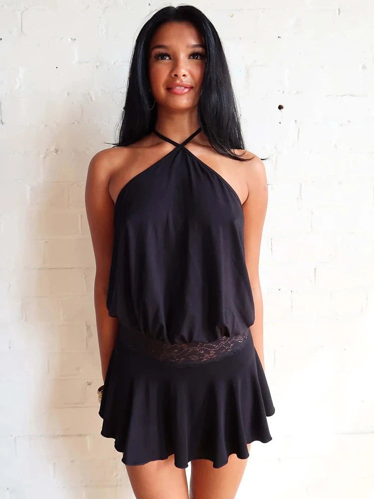 Halter Backless Sexy Mini Dress Women Robe Fashion Summer New Lace Patchwork Sleeveless Pleated Ruffled Club Dress