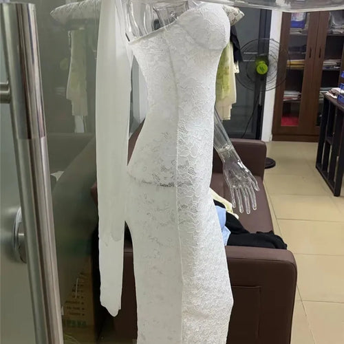 Load image into Gallery viewer, Lace See Through Sexy Midi Dress For Women Fashion Off-shoulder Strapless Sleeveless Backless Bodycon Club Party Dress
