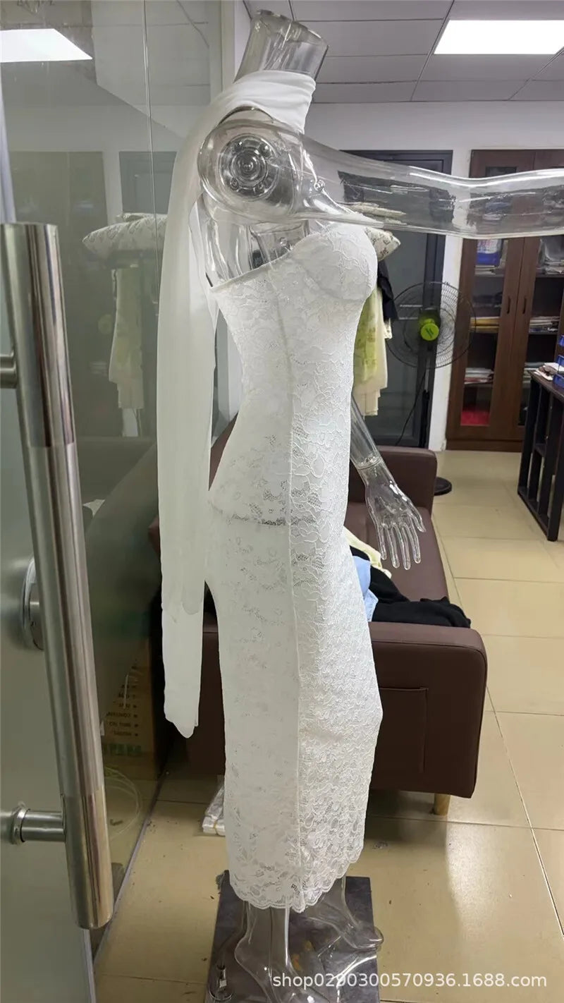 Lace See Through Sexy Midi Dress For Women Fashion Off-shoulder Strapless Sleeveless Backless Bodycon Club Party Dress