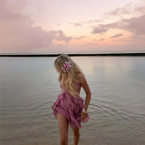 Load image into Gallery viewer, Rose Halter Backless Sexy Mini Dress Women Pink Off-shoulder Strapless Sleeveless High Waist Club Party Beach Dress
