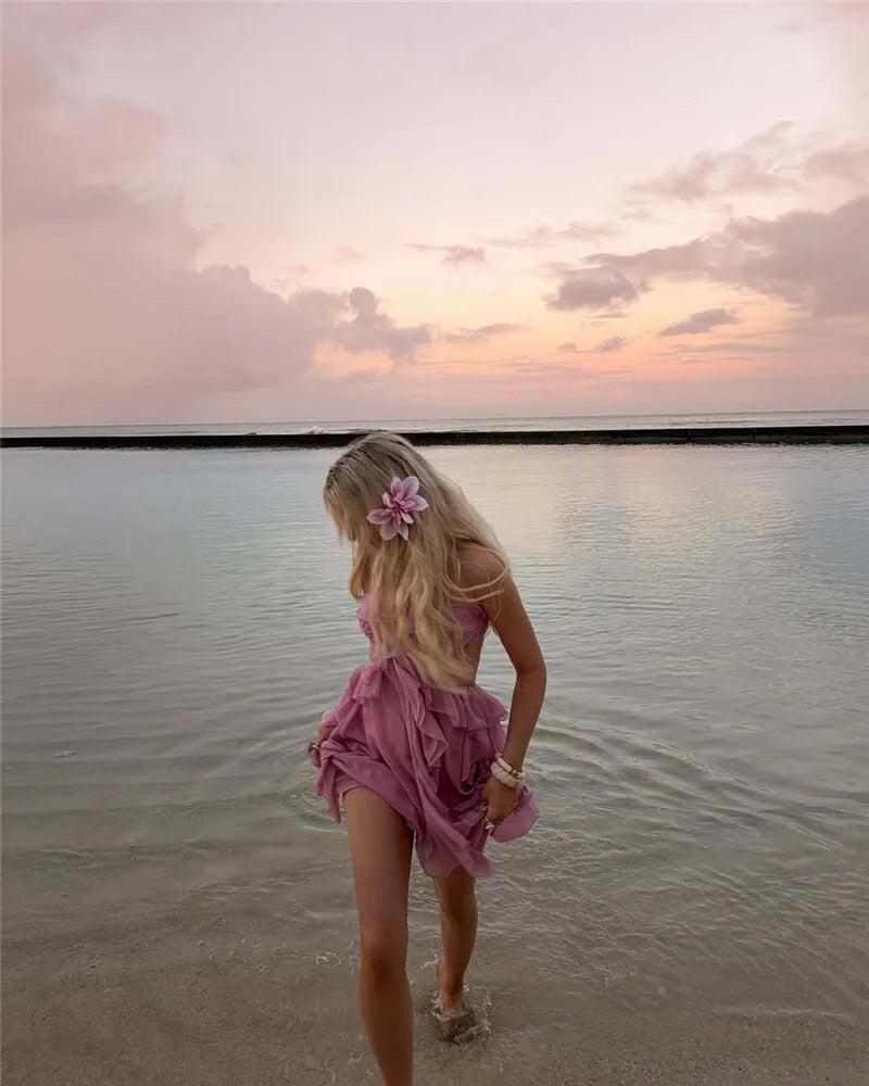 Rose Halter Backless Sexy Mini Dress Women Pink Off-shoulder Strapless Sleeveless High Waist Club Party Beach Dress