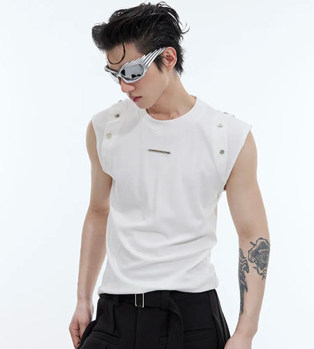 Metal Button Male T-shirt Niche Design Round Collar Solid Color Men's Sleeveless Top Personality Spring Stylish 9C4713