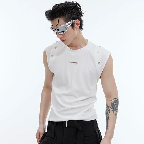 Load image into Gallery viewer, Metal Button Male T-shirt Niche Design Round Collar Solid Color Men&#39;s Sleeveless Top Personality Spring Stylish 9C4713
