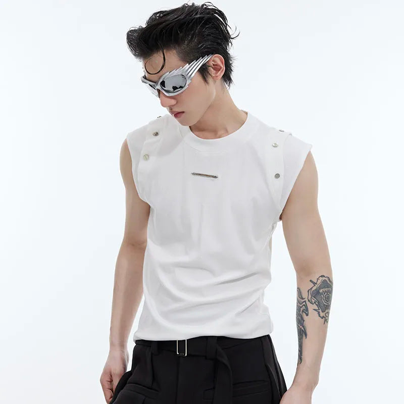 Metal Button Male T-shirt Niche Design Round Collar Solid Color Men's Sleeveless Top Personality Spring Stylish 9C4713