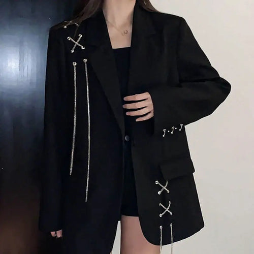 Load image into Gallery viewer, Harajuku Women Jackets Black Gothic Punk Hip Hop Solid Vintage Blazer Coats  Chic Chain Loose Jacket Streetwear
