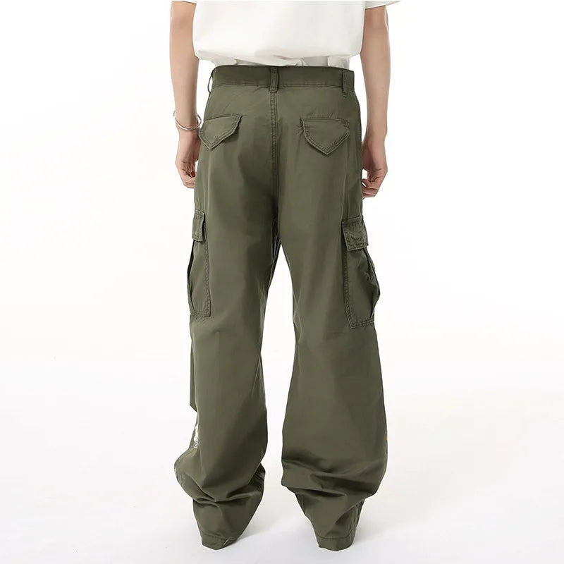 Men's Cargo Jeans New Summer American High Street Paint Design Multi Pockets Loose Male Bottoms Fold Design 2025 9W1685