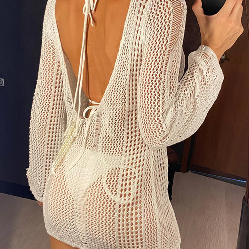 Load image into Gallery viewer, New Hollow Out Long Sleeve Backless Crochet Knitted Tunic Beach Cover Up Cover-ups Beach Dress Beach Wear Beachwear Female V4727
