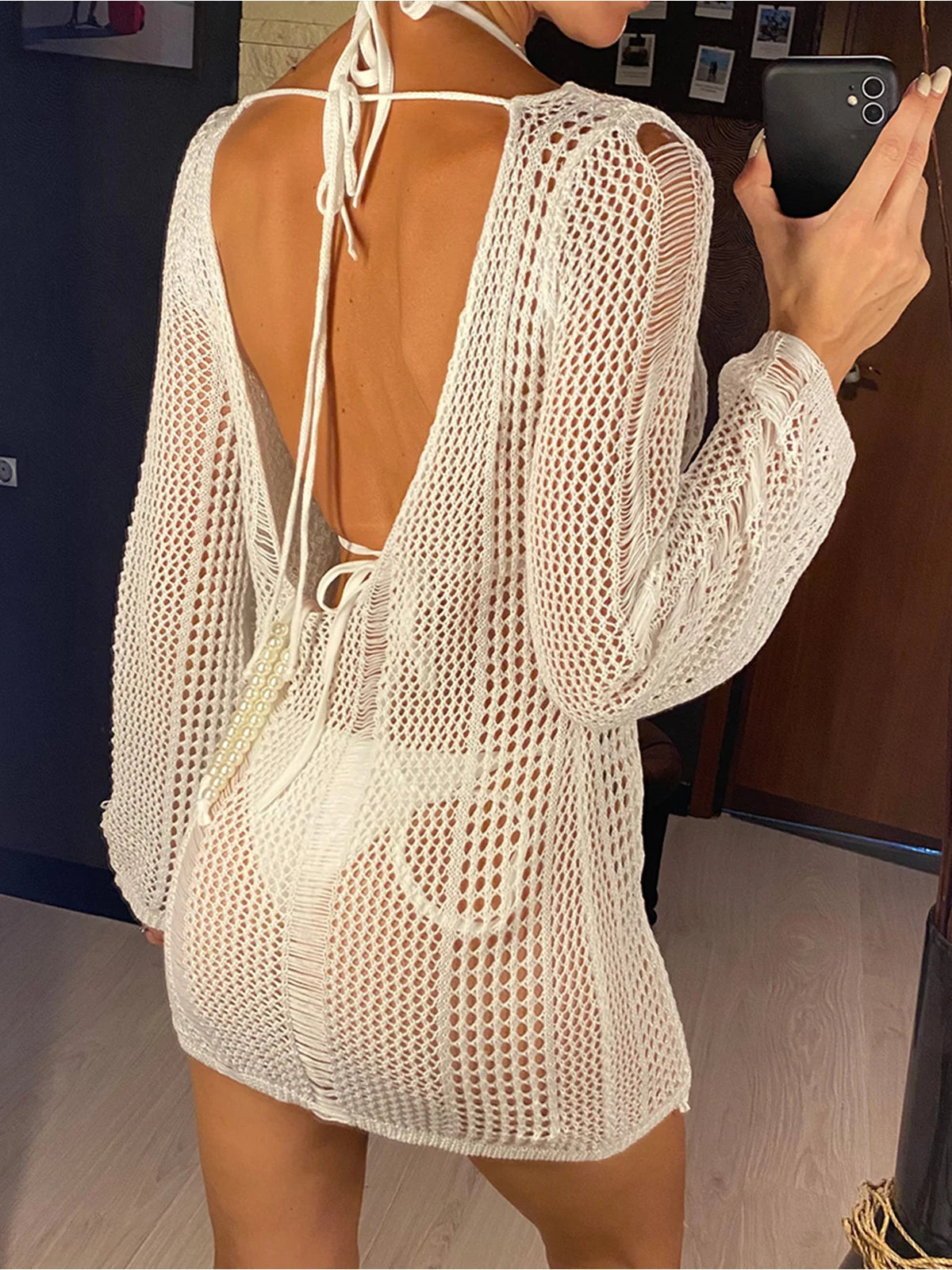 New Hollow Out Long Sleeve Backless Crochet Knitted Tunic Beach Cover Up Cover-ups Beach Dress Beach Wear Beachwear Female V4727