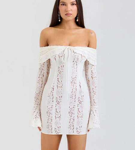 Off-shoulder Lace Sexy Mini Dress For Women White Strapless Long Sleeve Backless Bodycon Club Party Sexy Dress Elegant