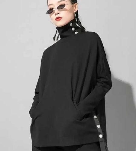 Women Black Irregular Ribbon Big Size Casual T-shirt New Turtleneck Long Sleeve Fashion Tide Spring Autumn 2025 1DF5280