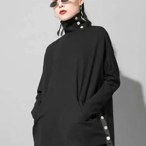 Load image into Gallery viewer, Women Black Irregular Ribbon Big Size Casual T-shirt New Turtleneck Long Sleeve Fashion Tide Spring Autumn 2025 1DF5280
