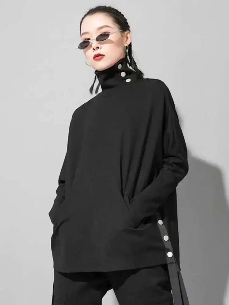 Women Black Irregular Ribbon Big Size Casual T-shirt New Turtleneck Long Sleeve Fashion Tide Spring Autumn 2025 1DF5280