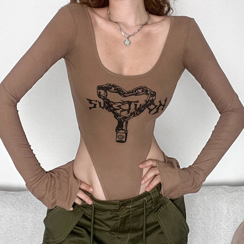 Load image into Gallery viewer, Brown Heart Printing Autumn Body Flare Sleeve Bodycon Vintage Fashion Y2K Female Bodysuit Aesthetic Tops Romper Party
