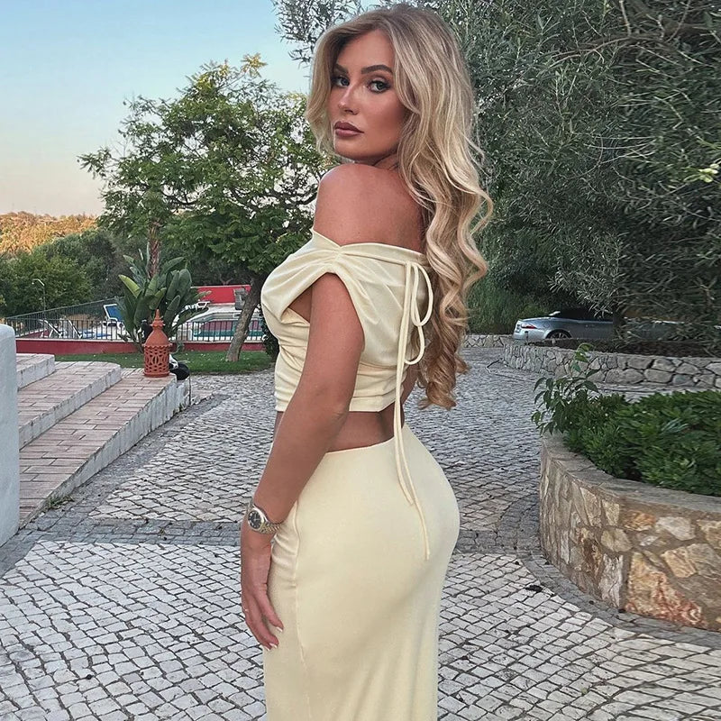 Sexy Skirt Two Pieces Sets For Women Sleeveless Slim Fit Off-shoulder Crop Top And Long Skirt Sexy Two Pieces Sets