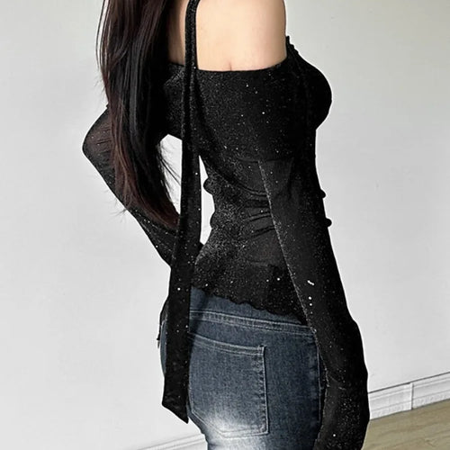 Load image into Gallery viewer, 2025 Black Shiner Slash Neck Tees Vintage Irregular Single Breasted Harajuku Crop Tops Grunge Slim Women T-shirts Y2k Aesthetic
