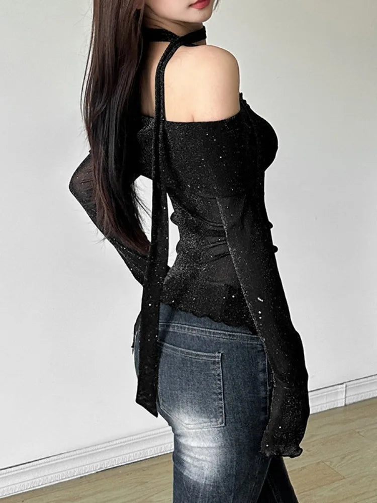 2025 Black Shiner Slash Neck Tees Vintage Irregular Single Breasted Harajuku Crop Tops Grunge Slim Women T-shirts Y2k Aesthetic