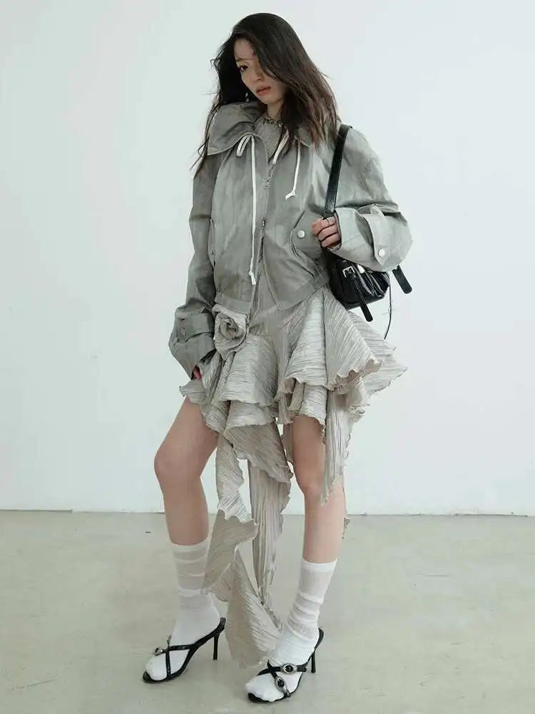 Women Gray Three-dimensional Flower Ruffles Mini Dress New Round Neck Sleeveless Fashion Tide Spring Summer 2025  1DJ0678