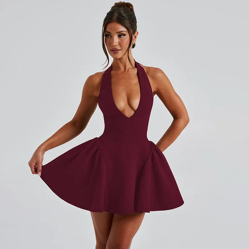 Load image into Gallery viewer, Deep V Neck Backless Sexy Mini Dress For Women Elegant Halter Sleeveless High Waist A-line Pleated Club Party Dress
