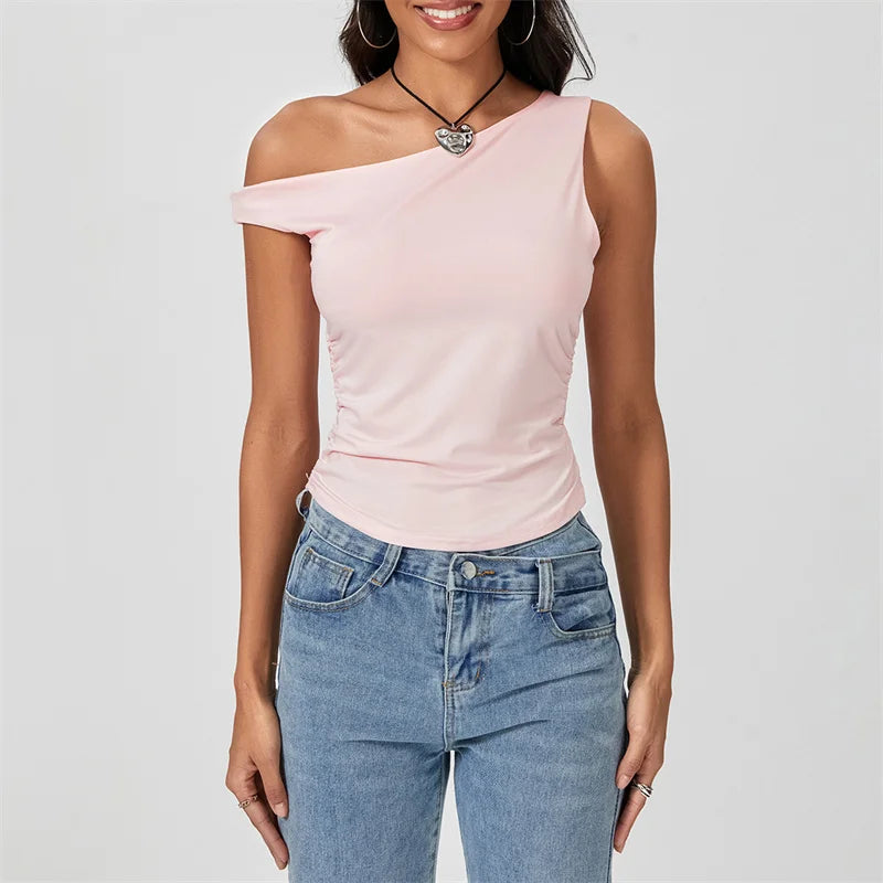 y2k Crop Tops 2000s Clothing Women Solid Color Oblique Shoulder Sleeveless T Shirt Aesthetic Clothes Summer Streetwear